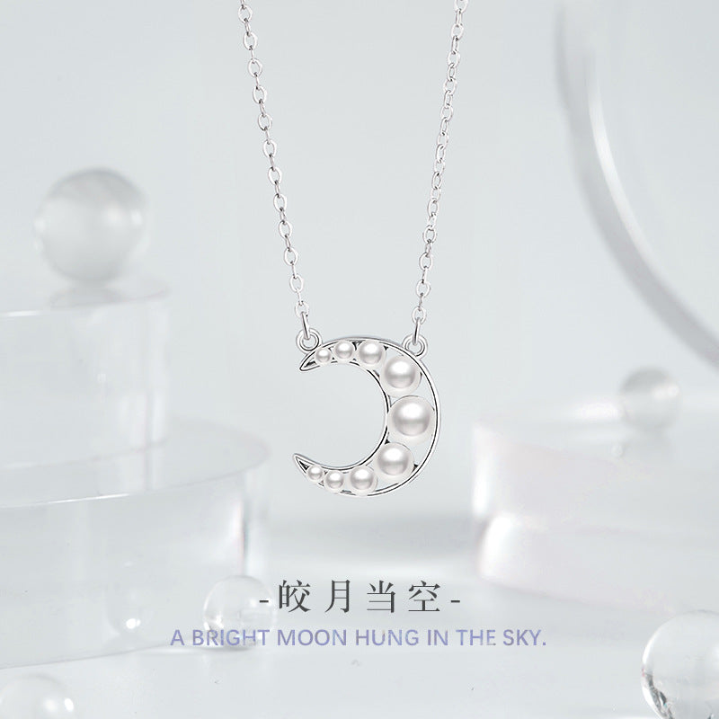 Moon Sterling Silver 925 Necklace Female Niche Design Light Luxury Shijia Pearl Clavicle Chain Ins Style Star Pendant