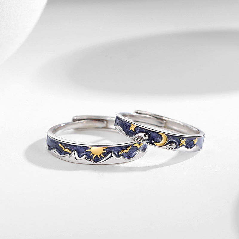 Sun Moon Star River Sterling Silver 925 Couple Ring Simple Niche Plain Ring Goddess Festival Sun Moon Adjustable Ring