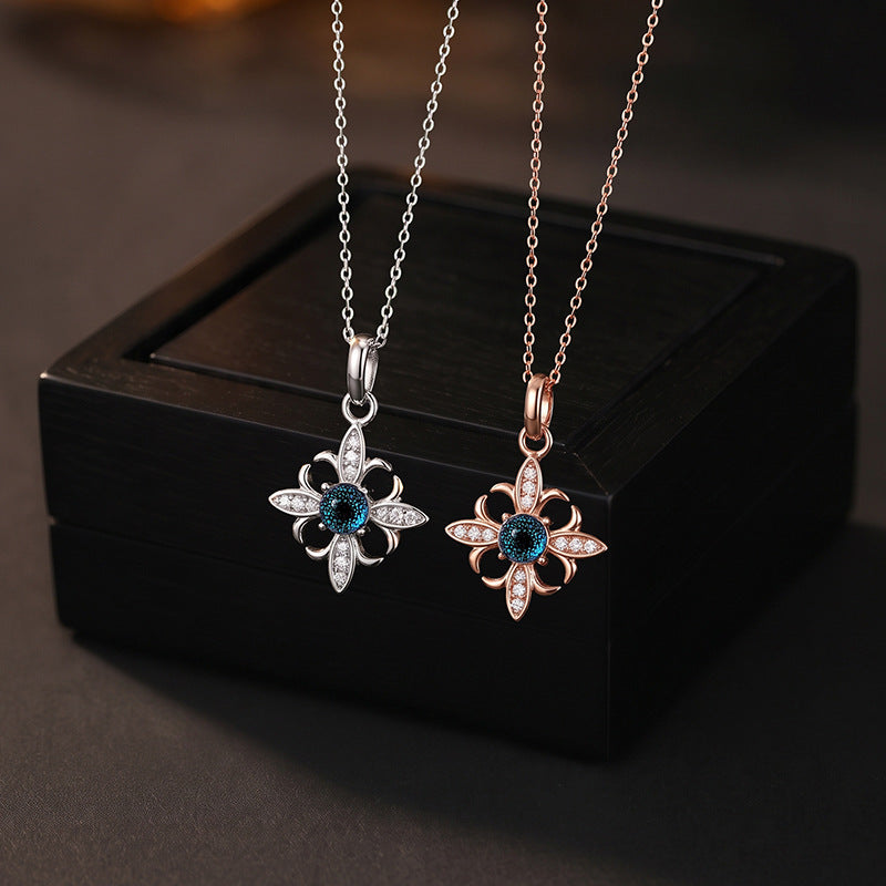 Cross-Border Hot Sale S925 Sterling Silver Necklace Female Iris Pendant Glazed Stone Flower Clavicle Chain Niche Silver Jewelry Wholesale