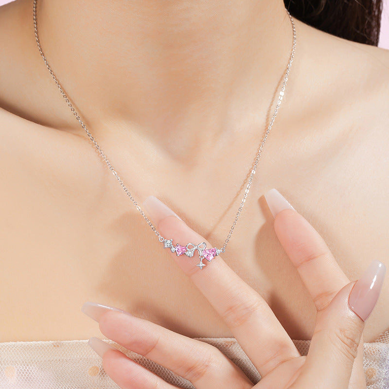 Bowknot Sterling Silver 925 Necklace Female Niche Design Light Luxury Star Tassel Clavicle Chain Ins Style Love Pendant