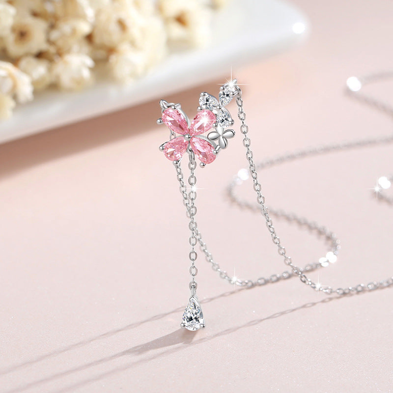 Flower Sterling Silver 925 Necklace Women's Fashion Versatile Pink Zircon Clavicle Chain 520 Valentine's Day Tassel Pendant