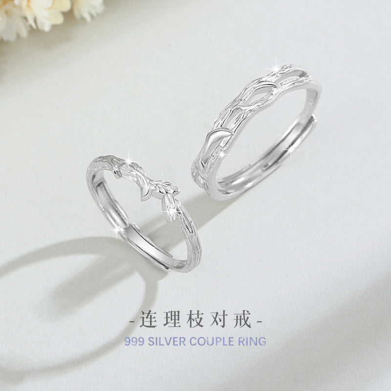 Lianli Branch 999 Pure Silver Couple Ring Men and Women Niche Design Light Luxury Zircon Ring Ins Wind Branch Ring