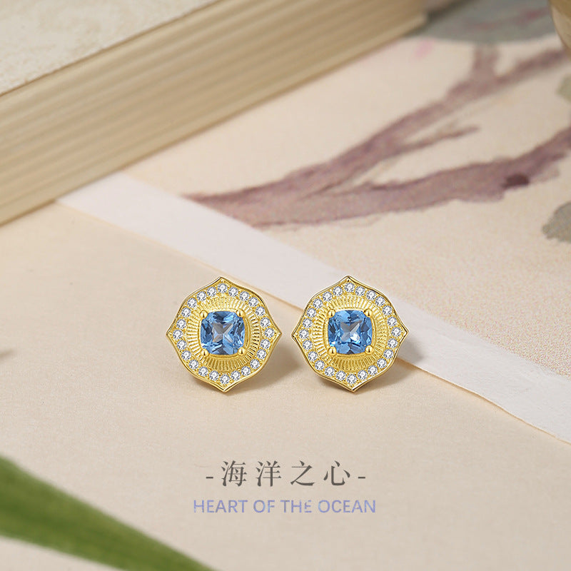Ocean Heart Sterling Silver 925 Stud Earrings Women's Light Luxury High-Grade Navy Blue Zircon Square Sugar Earrings Ins Style Lovely Earrings