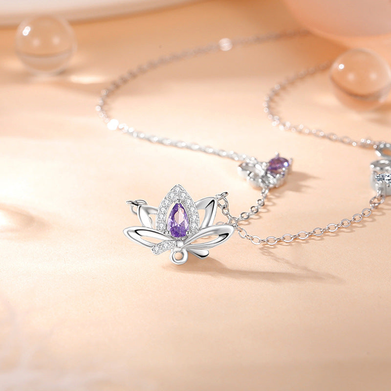 Lotus Sterling Silver 925 Necklace Women's Fashion Versatile Butterfly Zircon Clavicle Chain Ins Style Good Luck Lotus Pendant