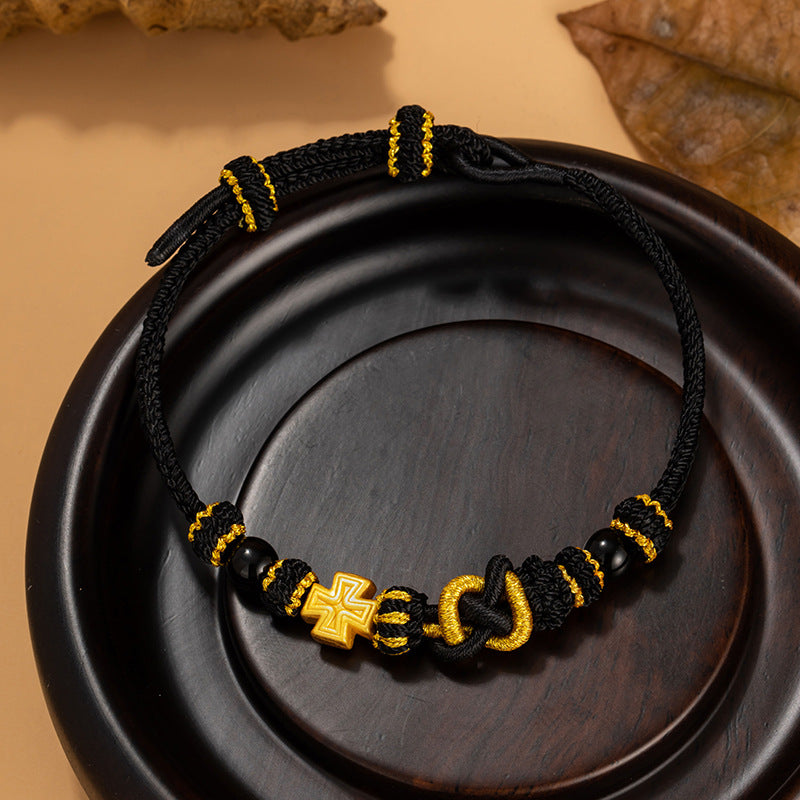 Cross Flower Pure Silver 999 Bracelet Niche Design Light Luxury Handmade Woven Bracelet Ins Style Black Agate Bracelet