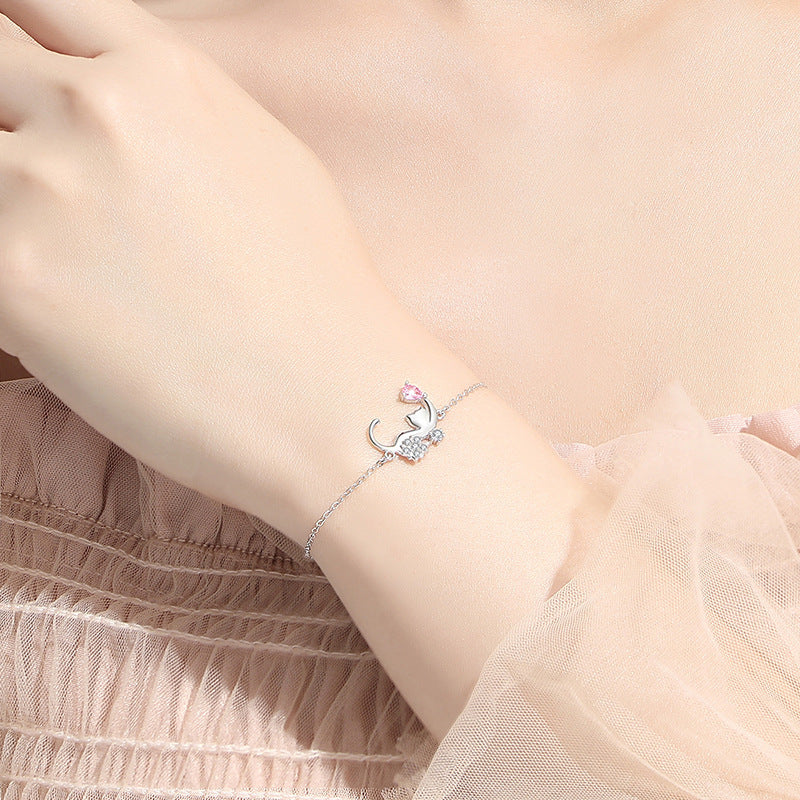 Cute Cat Sterling Silver 925 Bracelet Female Niche Design Light Luxury Pink Diamond Bracelet Valentine's Day Gift Ins Cat Bracelet