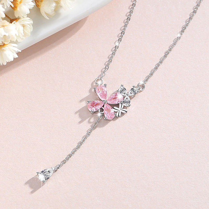 Flower Sterling Silver 925 Necklace Women's Fashion Versatile Pink Zircon Clavicle Chain 520 Valentine's Day Tassel Pendant