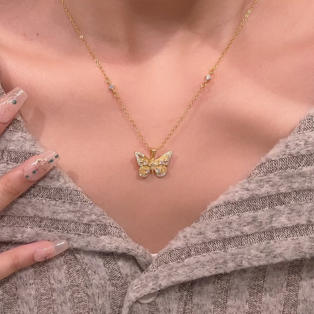Fantasy Butterfly Sterling Silver 925 Necklace Women's Light Luxury High-Grade Handmade Brushed Clavicle Chain Ins Style Star Pendant