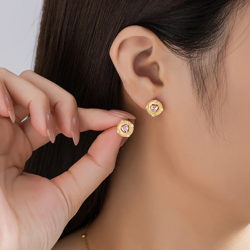 Original Heart-Shaped Sterling Silver 925 Stud Earrings Women's Light Luxury High-Grade Pink Zircon Earrings Ins Style Heart-Shaped Earrings