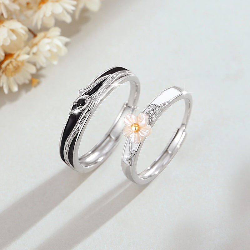 Cherry Blossom Sterling Silver 925 Couple Ring Men and Women Niche Design Light Luxury Zircon Ring Thing Ins Vine Ring