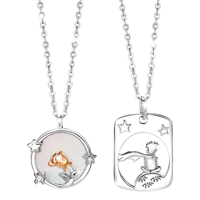 Little Prince and Rose Sterling Silver 925 Couple Necklace White Fritillary Clavicle Chain 520 Valentine's Day Star Pendant