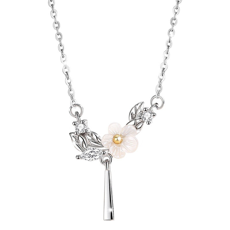 Cherry Blossom Sterling Silver 925 Necklace Female Niche Design Light Luxury Zircon Tassel Clavicle Chain Get Things Ins Flower Pendant