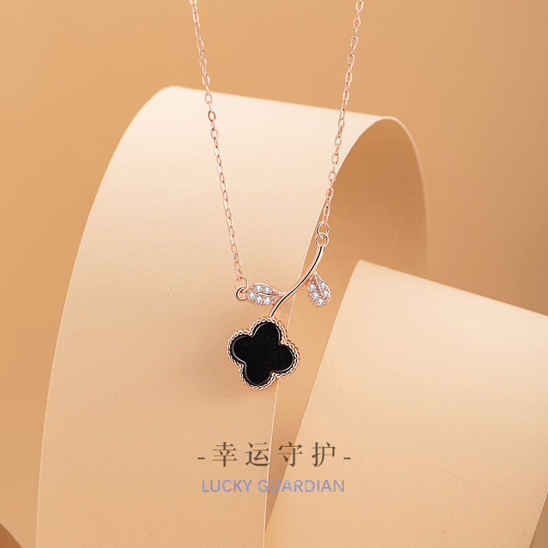 Lucky Clover Sterling Silver 925 Necklace Women's Fashion Versatile Black Agate Flower Clavicle Chain Ins Petal Pendant