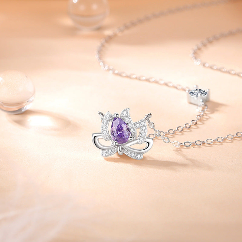 Lucky Lotus Sterling Silver 925 Necklace Female Niche Design Light Luxury Bow Clavicle Chain Ins Style Lotus Pendant
