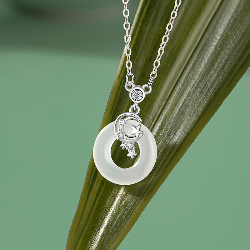 Star Sterling Silver 925 Safety Buckle Necklace for Women New Chinese National Fashion Moon Zircon Clavicle Chain Ins Style Chalcedony Pendant