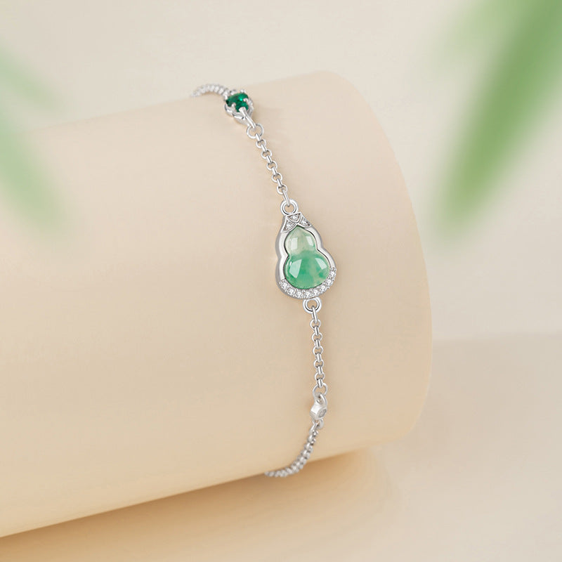 Gourd Sterling Silver 925 Bracelet Women's Light Luxury High-Grade Natural African Emerald Bracelet Ins Style Fu Lu Double Full Bracelet