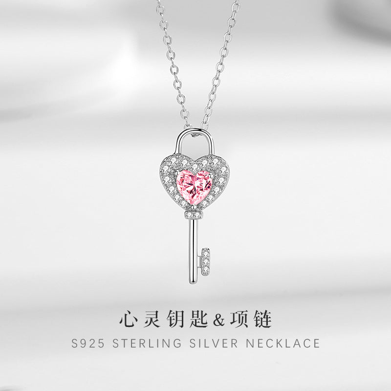 S925 Sterling Silver Heart Key Love Necklace Pink Diamond Key Pendant Light Luxury Sweet Valentine's Day Gift Clavicle Chain