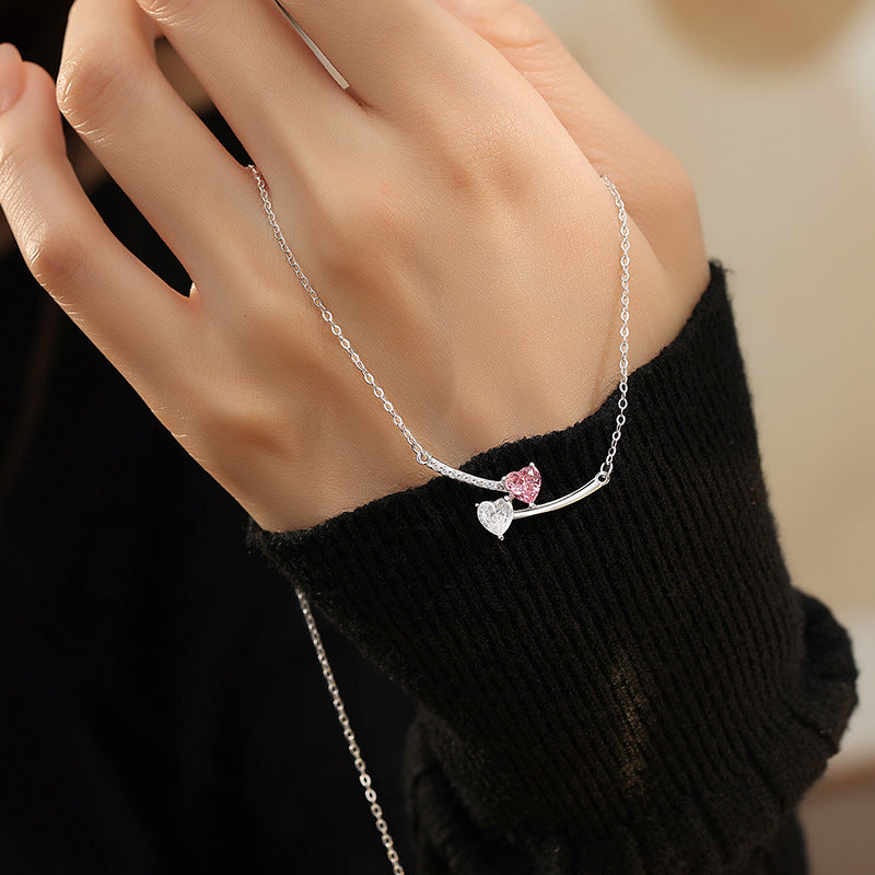 S925 Sterling Silver Necklace Pink and White Zircon Love Meteor Niche Design Sense Clavicle Chain Ins Style Girl Heart Gift
