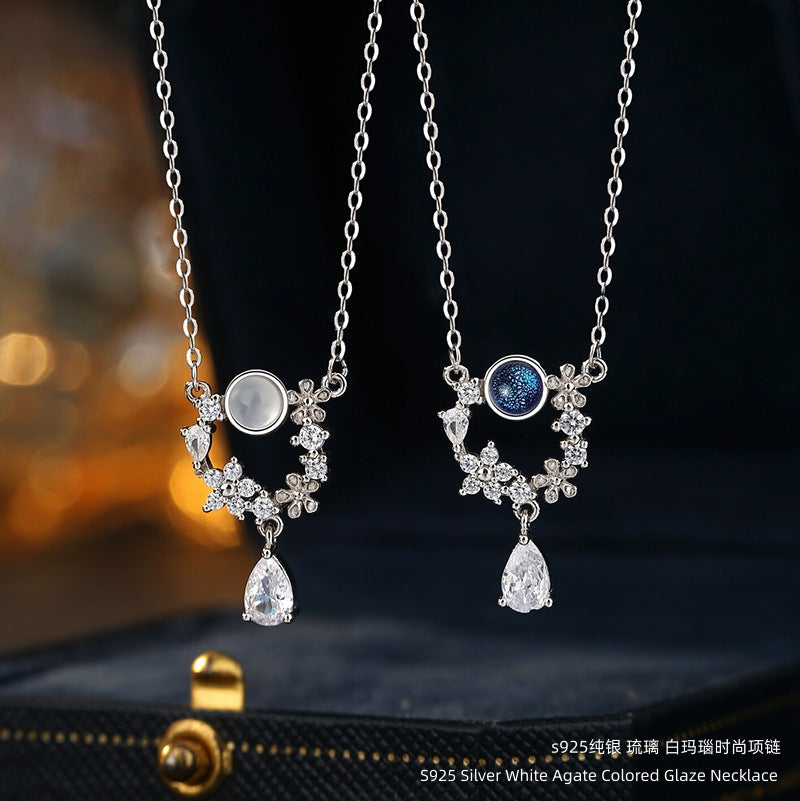 S925 Sterling Silver Necklace White Agate Starry Sky Stone Garland Niche Girl Style Clavicle Chain Jewelry Live Supply
