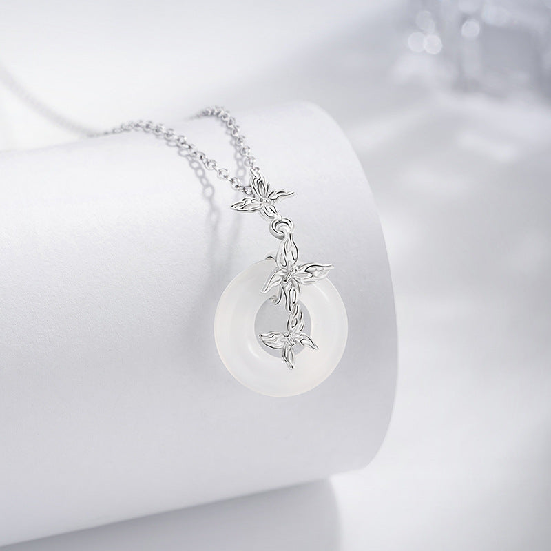 Butterfly Sterling Silver 925 Necklace Women's Light Luxury Individual Chalcedony Clavicle Chain Ins Cold Style Girlfriends Safety Buckle Pendant