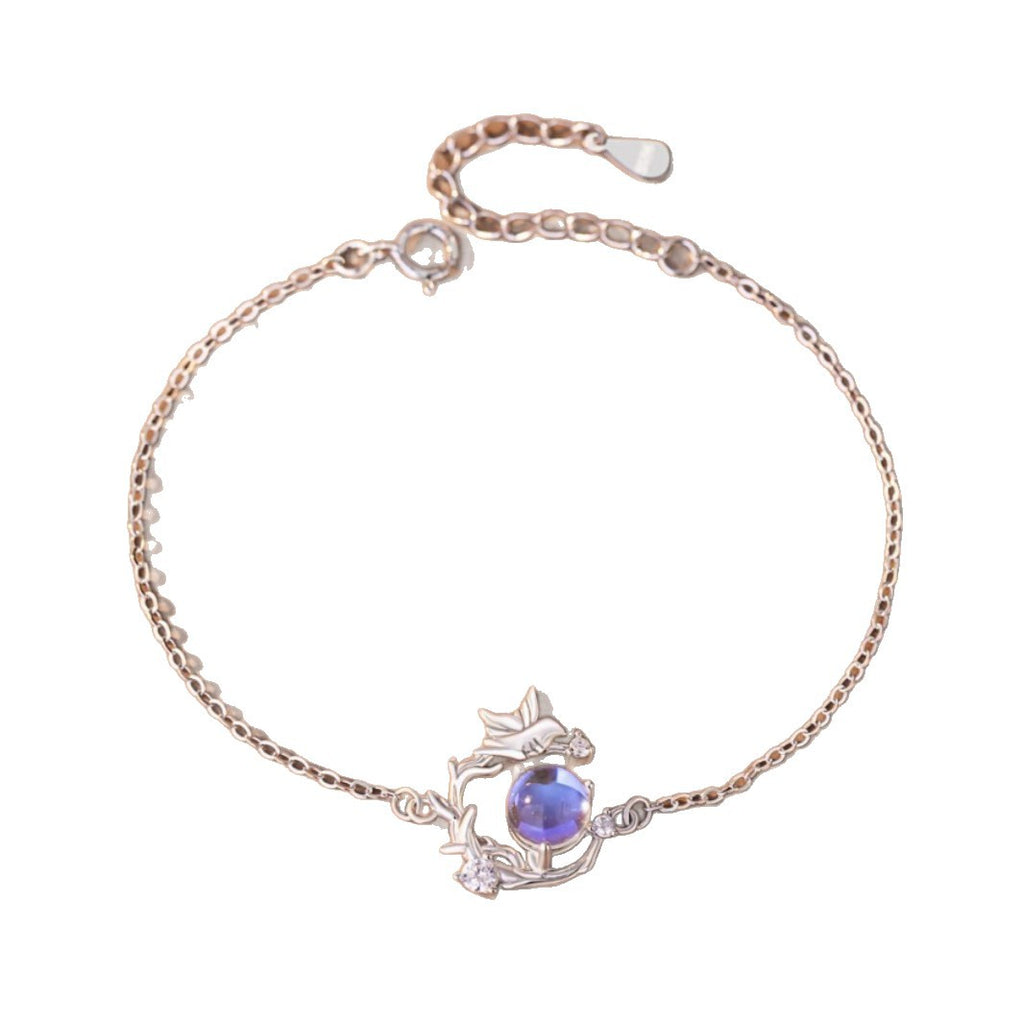 Bracciale in argento sterling 925 – eucalipto e uccello e zirconi