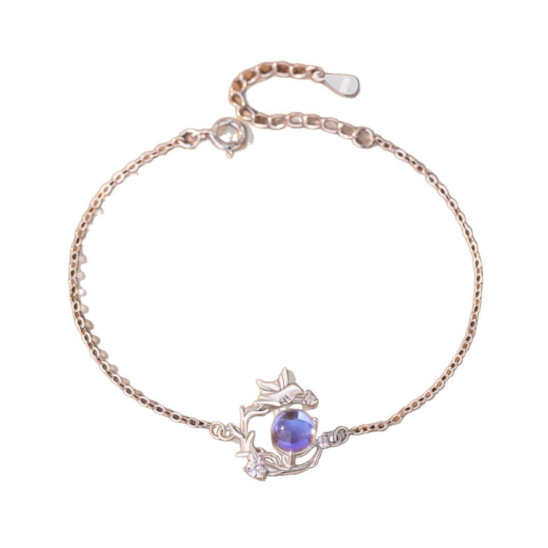 Bracciale in argento sterling 925 – eucalipto e uccello e zirconi