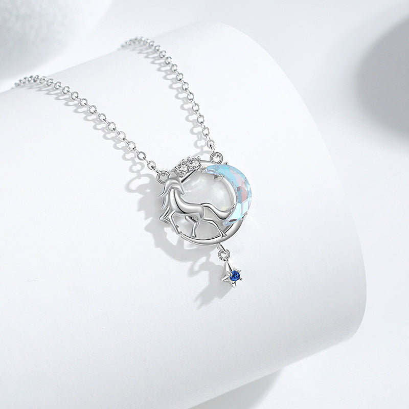 Collana in argento sterling 925 – unicorno e luna e dettaglio in vetro