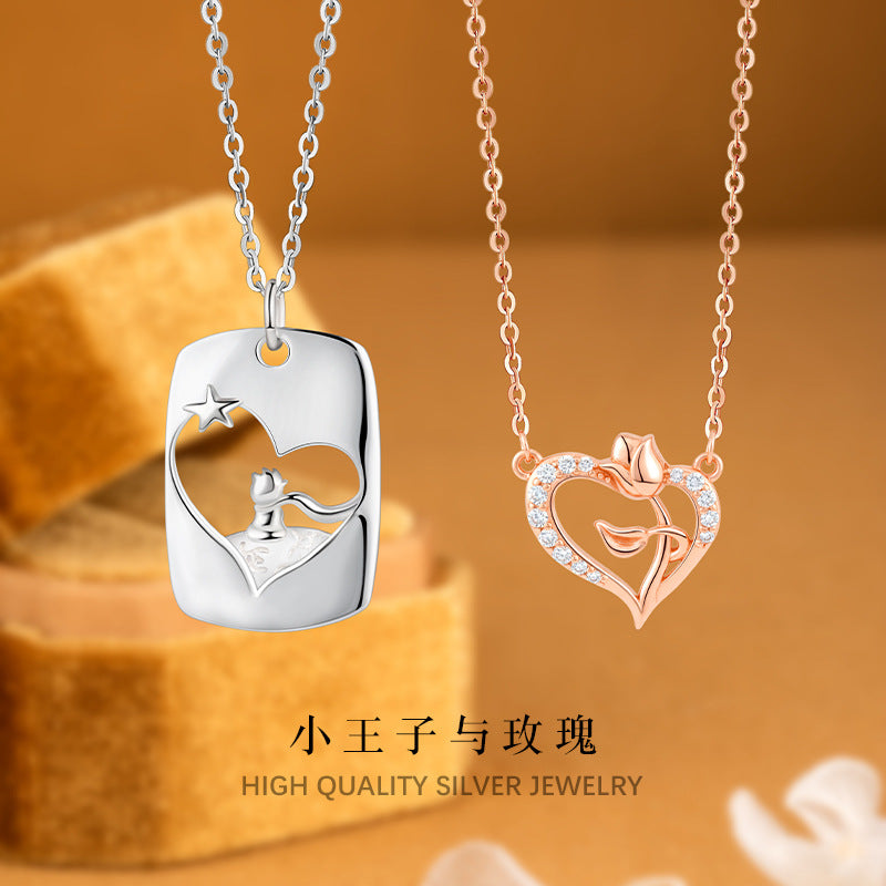 Fairy Tale Style Little Prince Rose Couple Necklace S925 Sterling Silver Design Gift for Girlfriend Boyfriend Anniversary Confession Token