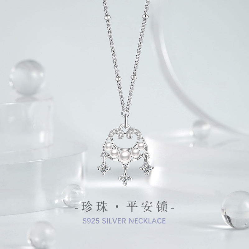 Xiangyun Ruyi Sterling Silver 925 Necklace Women's Light Luxury High-Grade Shijia Pearl Safety Clavicle Chain Longevity Lock Pendant