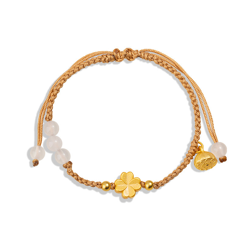 Lucky Clover Pure Silver 999 Chalcedony Women's Bracelet New Chinese National Fashion Lotus Bracelet Ins Style Flower Bracelet