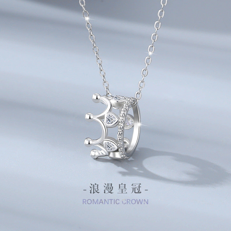 Crown Sterling Silver 925 Necklace Female Niche Design Light Luxury Pink Diamond Clavicle Chain Qixi Ins Style Love Pendant