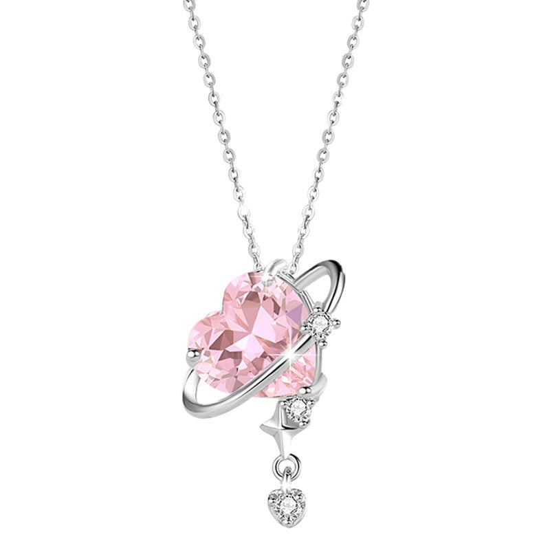 Lovely Sterling Silver 925 Necklace Female Niche Design Light Luxury Pink Zircon Clavicle Chain Get Things Ins Planet Pendant