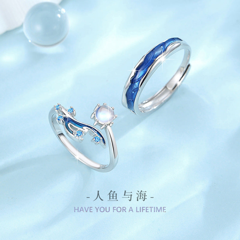 Fishtail Sterling Silver 925 Couple Ring Men and Women Niche Design Light Luxury Glass Stone Ring Ins Style Zircon Ring