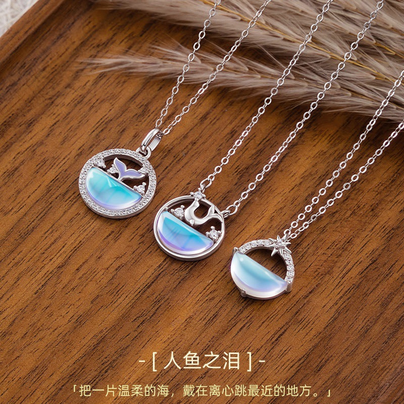 Mermaid Tears S925 Sterling Silver Gradient Glass Necklace Niche Design Sense Ocean Style Clavicle Chain Valentine's Day Gift