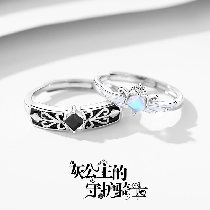 Original Design Couple Ring a Pair of Moonstone 925 Sterling Silver Men's and Women's Ring Niche Design Sense Light Luxury Sense