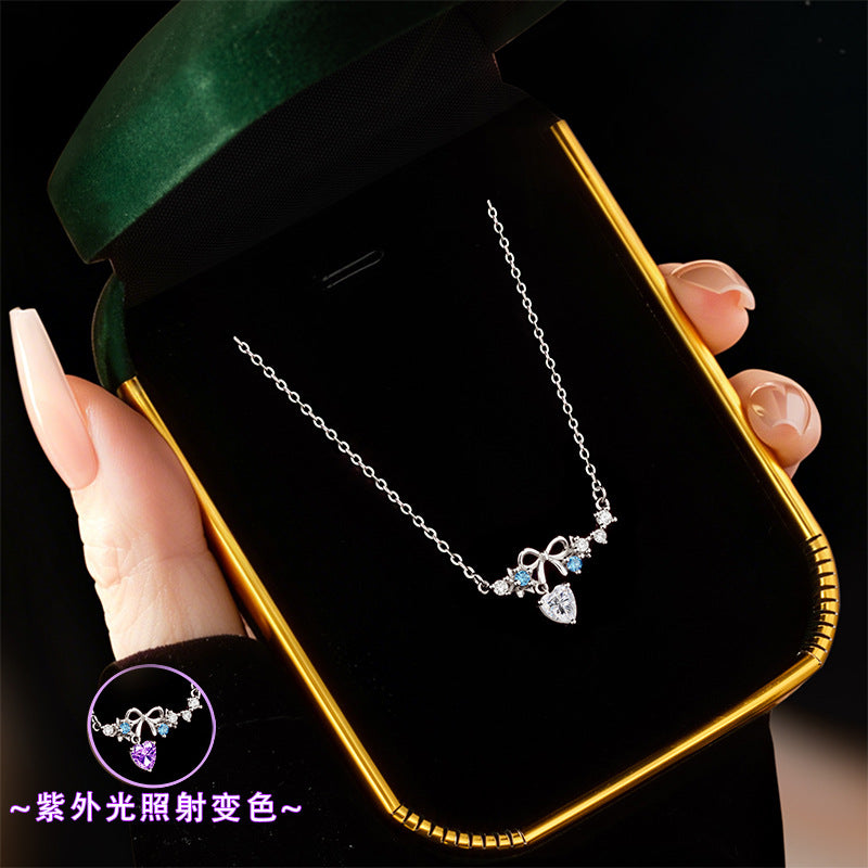 2026 New Love Color Changing Stone S925 Sterling Silver Necklace Female UV Light Changing Zircon Niche Light Luxury Ins Style