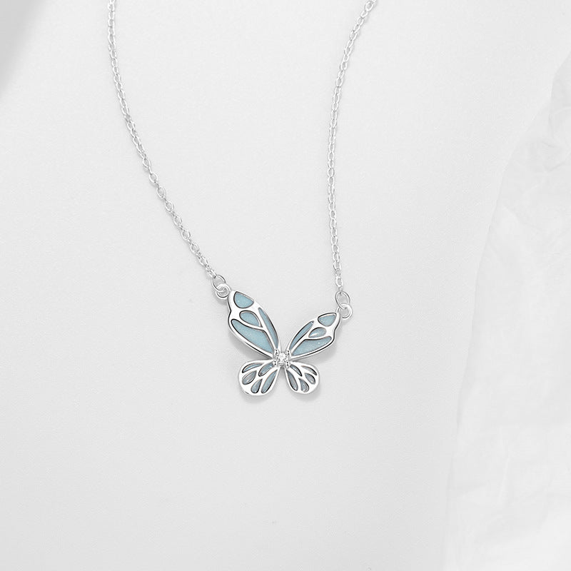 Butterfly Luminous Sterling Silver 925 Necklace Female Niche Design Light Luxury Zircon Clavicle Chain Ins Style Mori Pendant