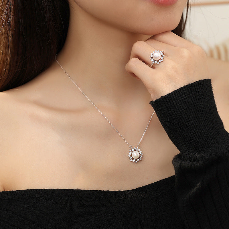 Freshwater Pearl S925 Sterling Silver Necklace Earrings Ring Set Bread Beads Sunflower Zircon Inlaid Light Luxury Gift