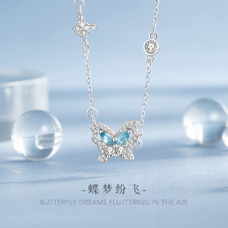 Butterfly Sterling Silver 925 Necklace Female Niche Design Light Luxury Light Blue Zircon Clavicle Chain Ins Style Star Pendant