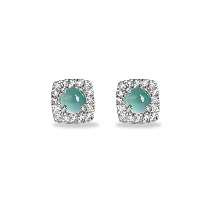 Square Sugar Sterling Silver 925 Stud Earrings Women's New Chinese Style National Fashion Natural Blue Water Dangerous Material Jade Stud Earrings Ins Style Square Earrings