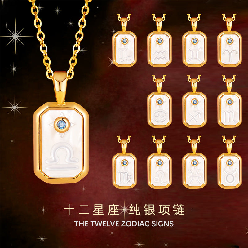 European and American Cross-Border Twelve Constellation S925 Silver Necklace White Fritillary Square Pendant Birthday Stone Niche Design Necklace