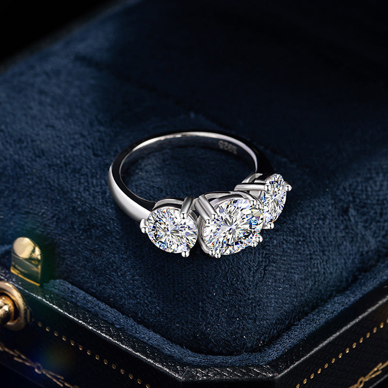 Sansheng Stone Sterling Silver 925 Diamond Ring Women's Light Luxury Engagement Wedding Ring Ins Style Triple Row Ring