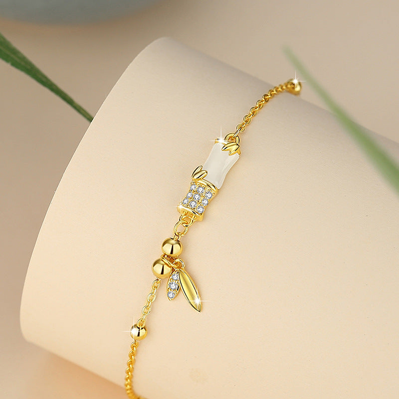 Festival High-Rise Hetian Jade Sterling Silver 925 Bracelet Women's National Fashion Light Luxury Bamboo Bracelet Ins Style Zircon Bracelet