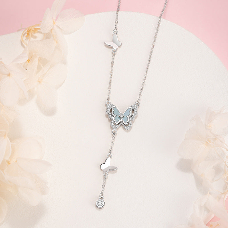 Butterfly Pure Silver 999 Luminous Necklace Female Cute Sweet Style Tassel Clavicle Chain Small Red Book Same Zircon Pendant