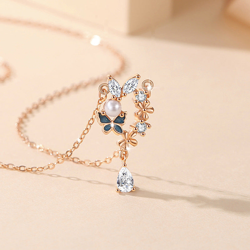 Butterfly Sterling Silver 925 Necklace Female Niche Design Light Luxury Zircon Tassel Clavicle Chain Ins Style Flower Pendant