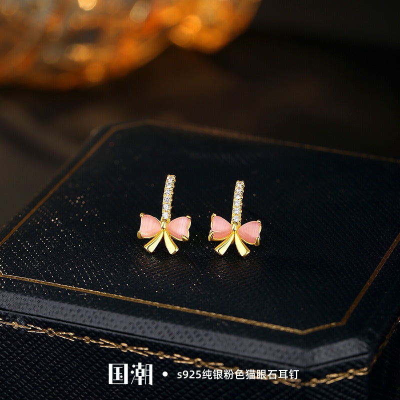National Fashion S925 Sterling Silver Stud Earrings Women's Lovely Natural Hetian Jade Opal Bow Niche Jade Earrings