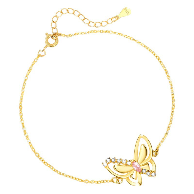 Butterfly Sterling Silver 925 Bracelet for Women Niche Design Light Luxury Pink Diamond Bracelet Ins Style Girlfriends Wings Bracelet