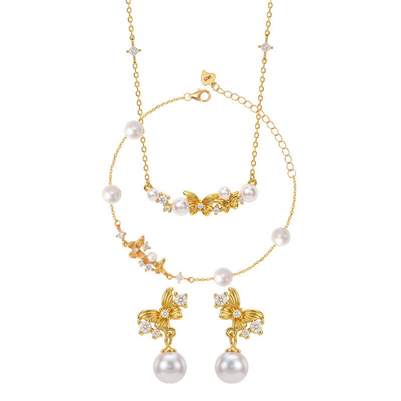 S925 Silver Necklace Bracelet Earrings Butterfly Pearl Set Women's Light Luxury High-Grade Clavicle Chain Niche Gift Jewelry
