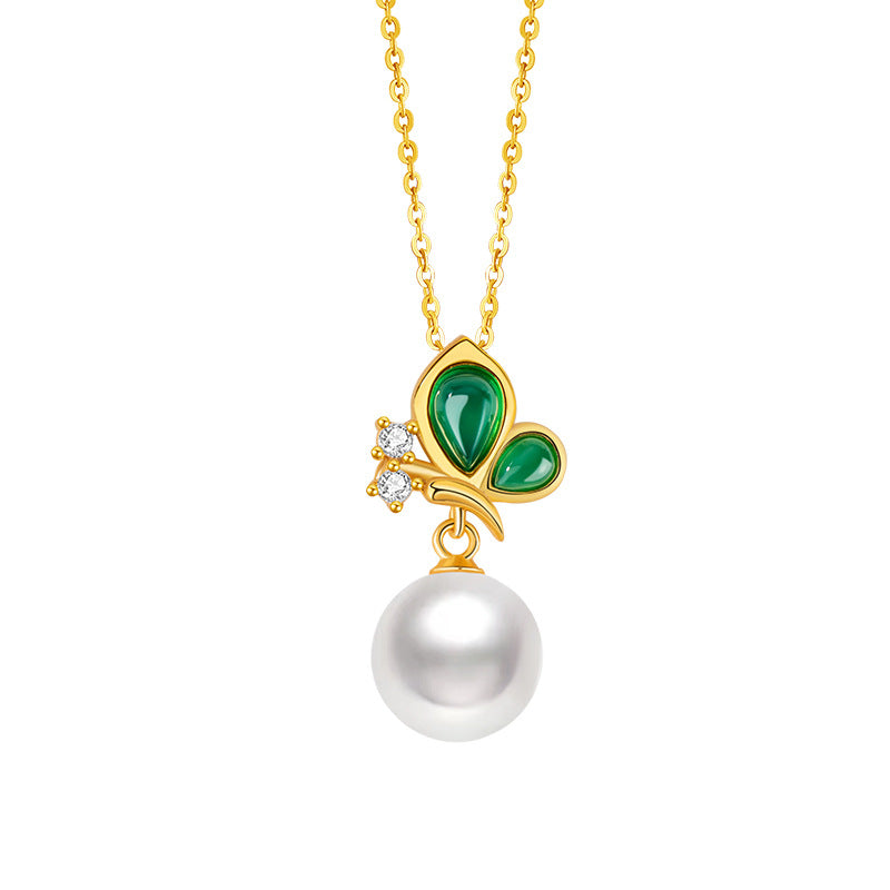 Butterfly Sterling Silver 925 Chalcedony Necklace Women's Light Luxury High-Grade Natural Freshwater Pearl Clavicle Chain Ins Zircon Pendant