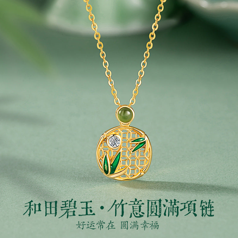 Original Bamboo Knot Hetian Jasper Sterling Silver 925 Necklace Women's New Chinese Zircon Clavicle Chain Mother's Day Window Flower Pendant